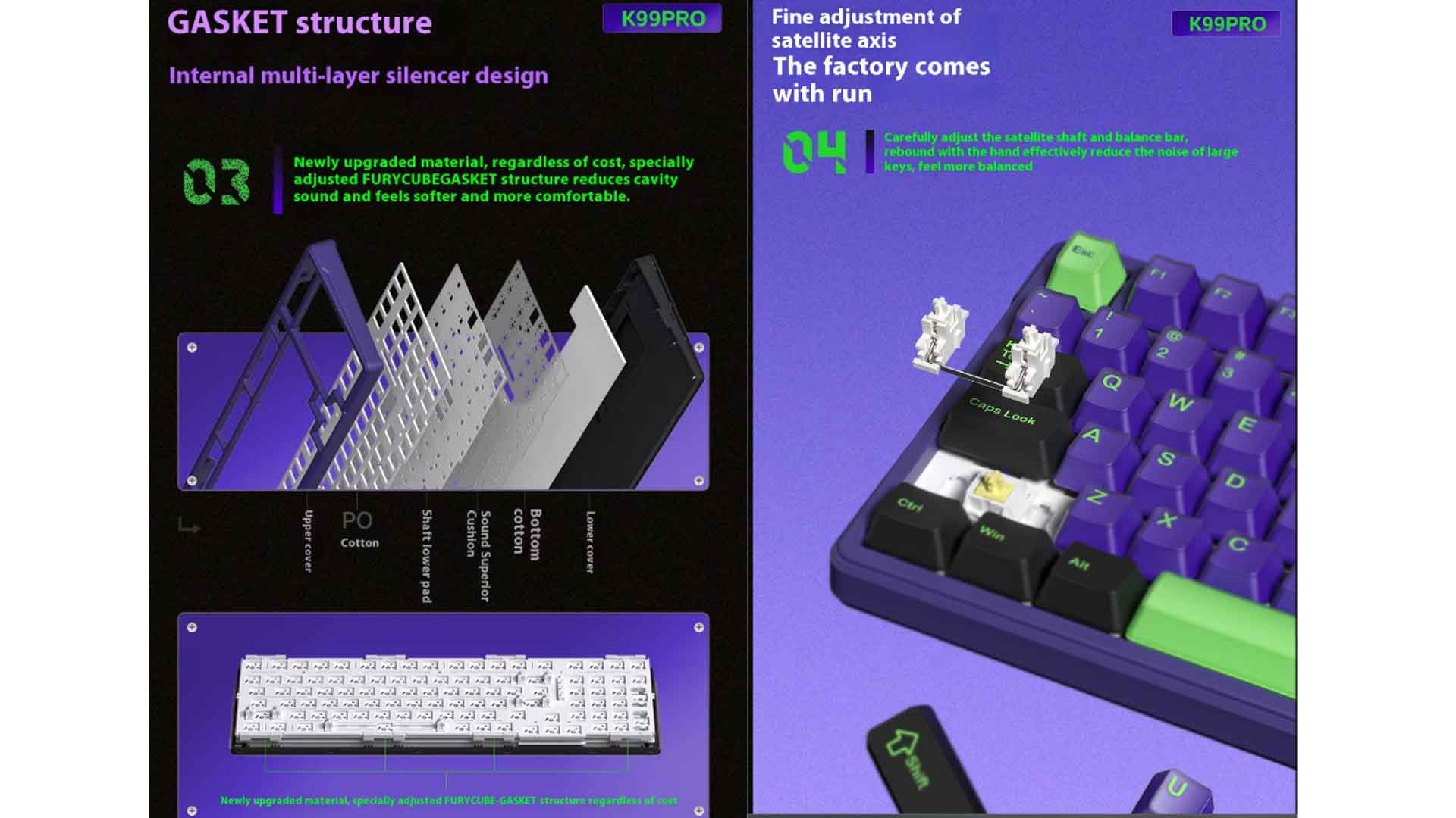 a computer keyboard with a purple and green keyboard